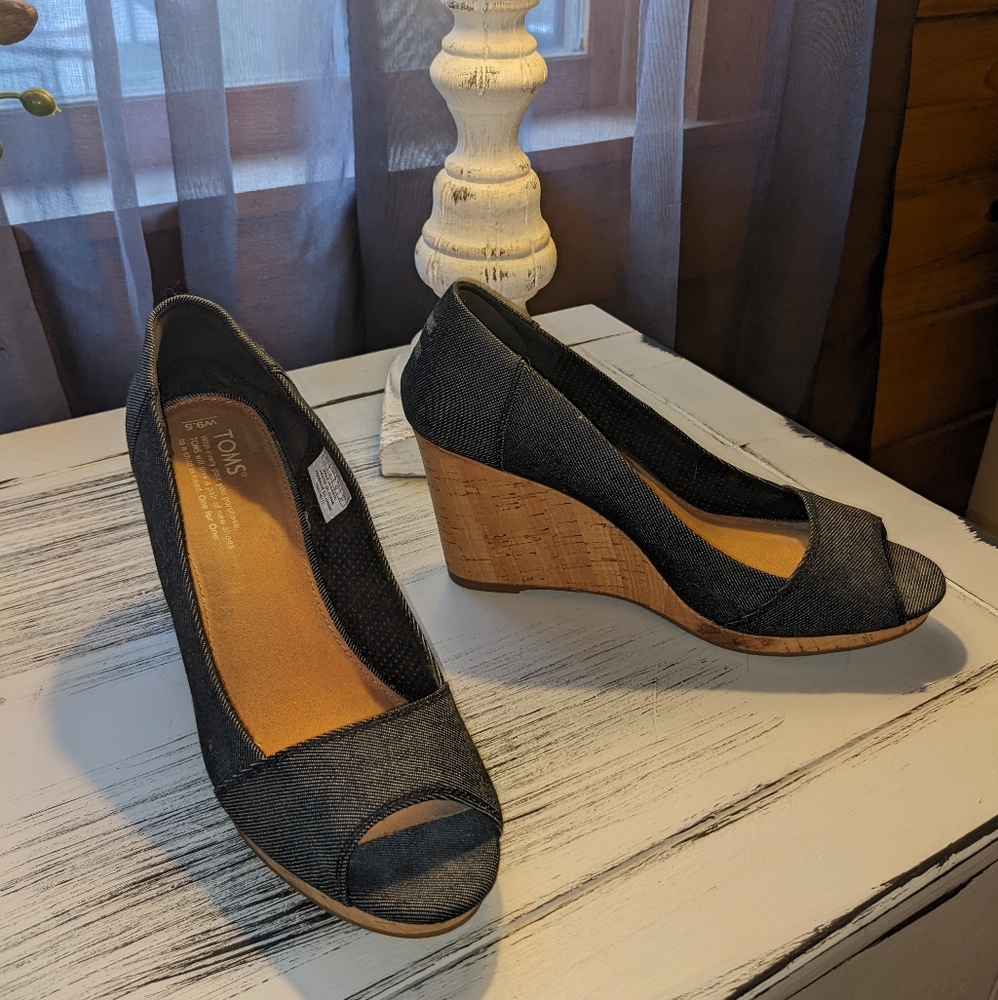 Toms Denim Open-Toe Espadrille Wedges 9.5